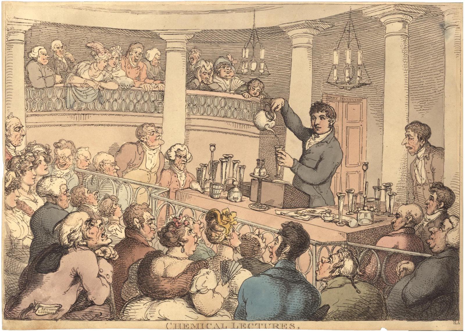 Caricature de Thomas Rowlandson, vers 1809 : un chimiste fait une démonstration devant un public serré qui se penche pour voir.