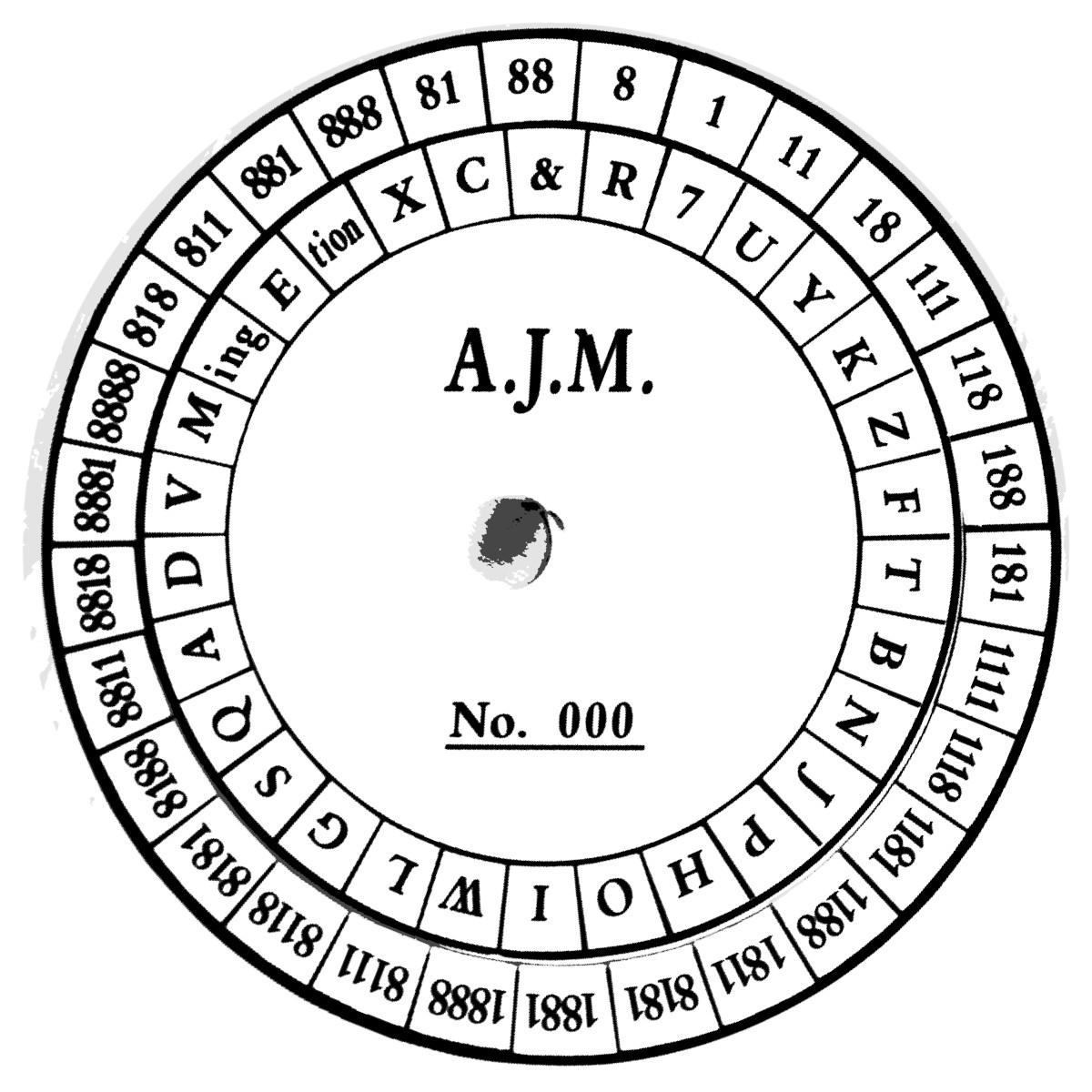 Disque de chiffrement de l'armée de l'Union, XIXᵉ siècle : deux couronnes de lettres et de chiffres tournent l'une sur l'autre.