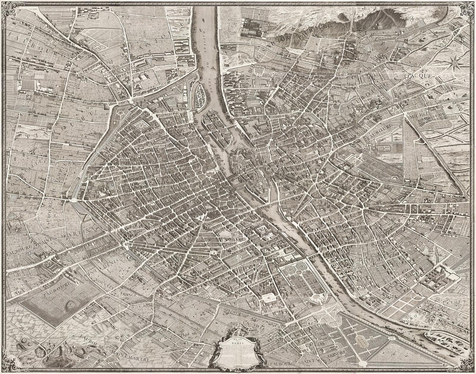 Détail du plan de Paris dit de Turgot, 1739 : la Seine, l'île de la Cité et les rues gravées en perspective.